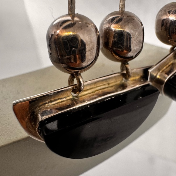 Vintage Taxco earrings sterling silver dangle pendulum onyx modernist - Picture 4 of 13